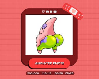 May include: Animated emote featuring a cartoon character with pink skin, green and purple accents, and closed eyes. The emote is displayed on a maroon background with a red grid pattern. A red band-aid with a heart is in the corner.
