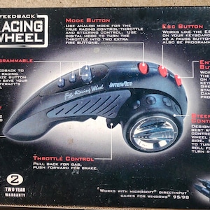 May include: Black racing wheel with force feedback, four programmable buttons, throttle control, and a steering wheel. The wheel is compatible with Microsoft DirectInput games for Windows 95/98.