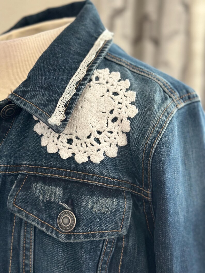 Doiley Jacket Upcycled Blue Jean Jacket Lace Women’s Large - Etsy
