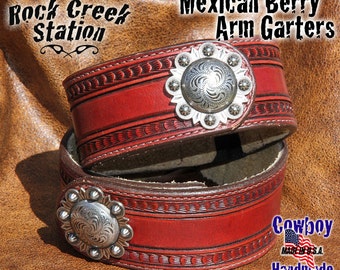 Leather Arm Garters w/ Mexican Berry Conchos - real men don't wear lace on their shirt sleeves