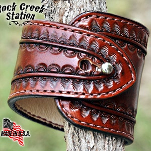 Tapered Wrist Cuff, Hand Tooled, Pigskin Lined, Cowboy, Rock, Steampunk, Handmade Bracelet image 1