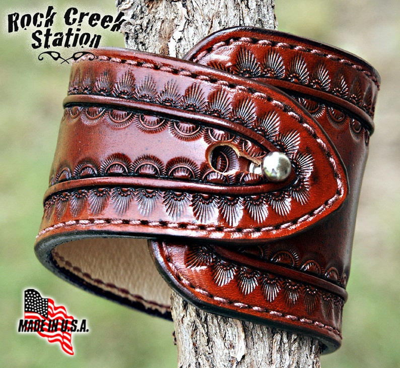 Tapered Wrist Cuff, Hand Tooled, Pigskin Lined, Cowboy, Rock, Steampunk, Handmade Bracelet image 1