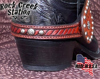 Deluxe Spur Leathers, Star Spots, Rope Tooled, Antiqued Brown, Lined, Wear your spur straps w/o spurs!