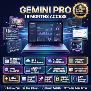 May include: A digital graphic for Gemini Pro 18 Months Access featuring a central laptop displaying an AI dashboard. Surrounding elements show AI image generation, coding, writing, and presentation tools. Bottom panels list features like 5TB cloud storage, fast AI responses, and 24/7 customer support.