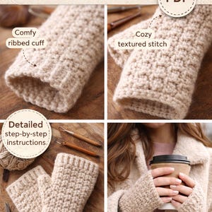 May include: Image of a crochet pattern for fingerless gloves. The pattern includes detailed instructions, a comfy ribbed cuff, and a cosy textured stitch. The pattern is available for instant download and includes four sizes.