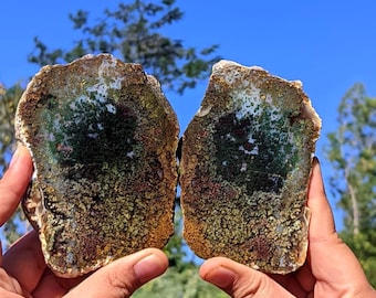 Natural Moss Agate Bookends Pair | Green Moss Agate Crystal Display | Polished Gemstone Decor | 102x72x20 & 104x77x23 mm