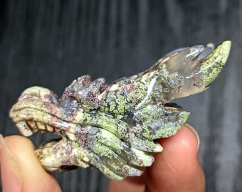 Moss Agate Dragon Head Carving | Hand Carved Natural Dendritic Agate Crystal Dragon Figurine | Fantasy Gift | 45x17x19 mm