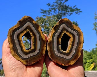 Natural Agate Geode Bookends Pair | Large Polished Druzy Crystal Book Ends | 103x78x38 & 104x79x96 mm Home Decor
