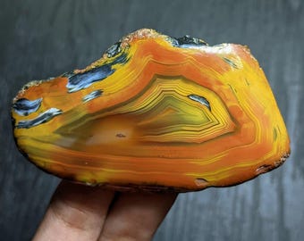 Natural Polychrome Agate Slice 68x40x6mm | Colorful Banded Agate Cabochon | Orange Yellow Gemstone Slab | Lapidary Stone | Wire Wrap