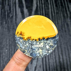May include: A circular cabochon featuring a smooth, solid yellow upper section that transitions into a lower section filled with a dense, multi-coloured mosaic of grey, white, and black fragments, separated by a distinct black dendritic pattern.
