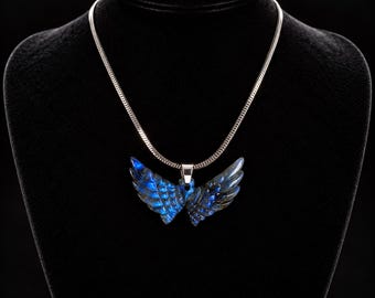 Labradorite Wing Pendant Necklace, Blue Flash Gemstone Jewelry, Carved Angel Wing Charm, Nature Inspired Gift for Her