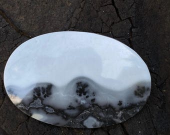 May include: Oval-shaped stone with a white and gray pattern. The stone features a light gray upper section, transitioning to a darker gray and black pattern at the bottom. The stone's surface is smooth and polished.