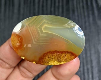 Natural Flower Agate Cabochon 35x21x5mm | Golden Plume Scenic Agate Oval Gemstone | Wire Wrap Jewelry Making Stone
