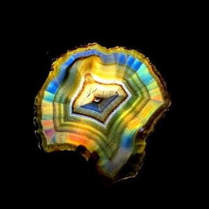 May include: A close-up of a polished agate stone, revealing a vibrant display of colours. The stone's cross-section displays concentric bands of yellow, green, blue, and purple, with a central geometric pattern. The background is black, highlighting the stone's natural beauty.