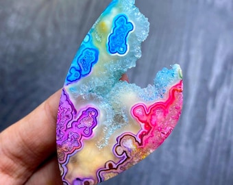 Dyed Crazy Lace Agate Druzy Cabochon 55x30x5mm | Colorful Crescent Agate Gemstone | Statement Wire Wrap Jewelry Stone
