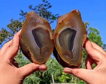 Natural Agate Bookends Pair | Rare Banded Agate Geode | Matching Polished Crystal Display | 115x65x37 & 108x65x33 mm