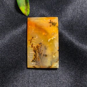 May include: A rectangular gemstone with a yellow and orange base colour, featuring black dendritic inclusions resembling tree branches. The stone is set against a dark fabric background, with a green leaf in the upper left corner.