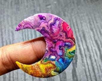 Rainbow Dyed Lace Agate Crescent Moon 37x35x4mm | Colorful Crescent Moon Gemstone | Jewelry Making Crystal Pendant Cabochon