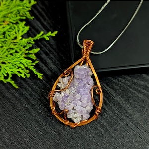 Large Grape Agate Pendant, Copper Wire Wrapped Necklace, Purple Druzy Crystal Statement (56x35x13mm)