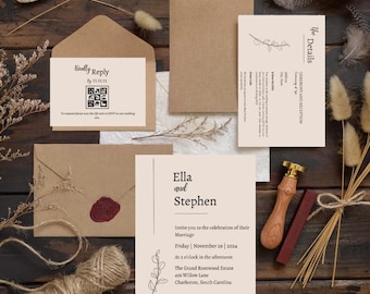 Minimalistische Hochzeitseinladung, modernes Einladungsset Template Canva, minimale Einladung mit Qr Code Antwortkarte, Detailkarte