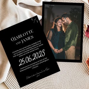 May include: Black and white wedding invitation with a photo of the couple. The invitation reads "Charlotte and James" and includes the date "25.06.2023".