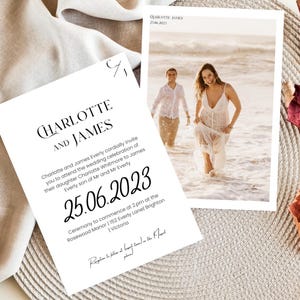 May include: Wedding invitation with a black and white design. The invitation features the names Charlotte and James, the date 25.06.2023, and the location Rosewood Manor, 152 Everly Lanel Brighton, Victoria. A photo of the couple on a beach is included.