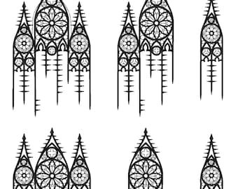 May include: Black line art of gothic cathedral window designs. The designs feature intricate patterns, including circular rose windows and pointed arches. The image includes several variations of the window designs, each with a unique arrangement of details.