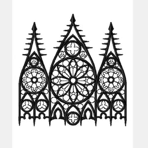 May include: A black gothic embroidery design. It features three arched panels with detailed circular and floral patterns, including a central rose window design. The symmetrical design is suitable for fabric embellishment or craft projects.