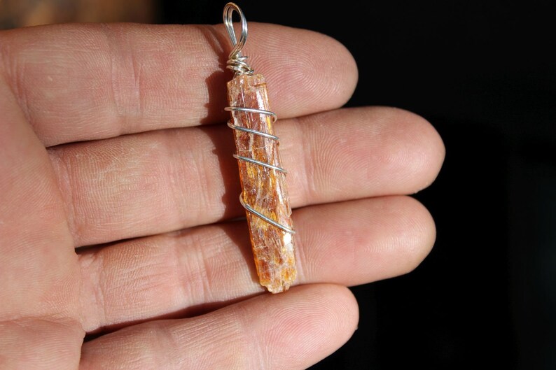 Orange Kyanite Wire Wrapped with Argentium Silver Gemmy RARE Crystal Pendant