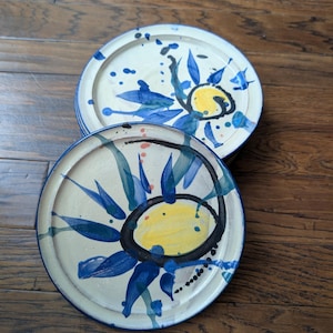 Hand-Painted Abstract Studio Pottery Plate Set - Colorful Set of 6