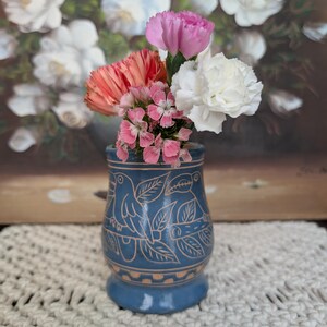 Hand-Painted Blue Ceramic Vase, Folk Art Pottery, Bird and Leaf Etched Motif