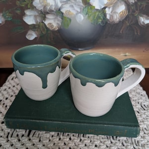 Pair of Handmade Ceramic Mugs with Green Drip Glaze - Signed Studio Pottery