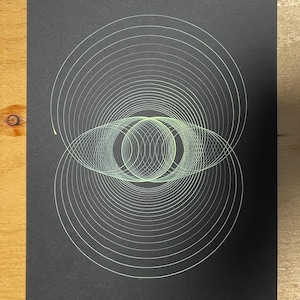 Może przedstawiać: Czarno-biały wydruk abstrakcyjny z geometrycznym wzorem nakładających się kół i owali w jasnozielonym kolorze.