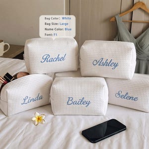 Embroidered Waffle Cosmetic Bag: Personalized Bridesmaid Makeup Bag, Bridal Shower Gift, Monogram Toiletry Bag, Gift for Her, Travel Bag image 2