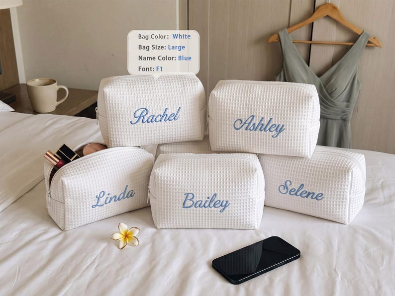 Embroidered Waffle Cosmetic Bag: Personalized Bridesmaid Makeup Bag, Bridal Shower Gift, Monogram Toiletry Bag, Gift for Her, Travel Bag image 2