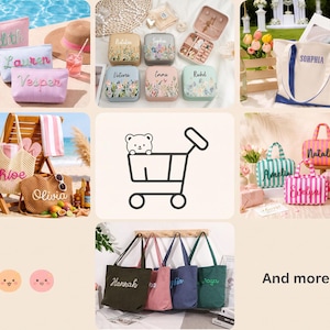 May include: A collection of personalized bags and cases including zippered pouches, square jewelry boxes, canvas tote bags, and striped handbags. Each item features embroidered names such as Edith, Lauren, Vesper, Chloe, Olivia, Natalia, Sophia, Victoria, Emma, Rachel, Amelia, and Hannah.