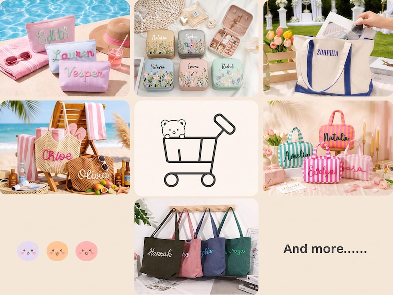 May include: A collection of personalized bags and cases including zippered pouches, square jewelry boxes, canvas tote bags, and striped handbags. Each item features embroidered names such as Edith, Lauren, Vesper, Chloe, Olivia, Natalia, Sophia, Victoria, Emma, Rachel, Amelia, and Hannah.