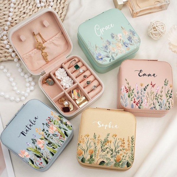 Personalisierte Reise Schmuckschatulle, Floral PU Leder Mini Organizer Case, individueller Name Brautjungfer Geschenk, Geburtstag & Feiertagsgeschenk für Frauen