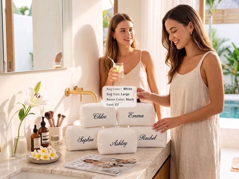 May include: Five large white rectangular toiletry bags with a textured waffle pattern. Each bag features a custom name embroidered in black script font. The names visible are Chloe, Emma, Sophia, Ashley, and Rachel. A small label displays Bag Color: White, Bag Size: Large, Name Color: Black, Font: F7.