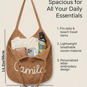 May include: A brown woven tote bag with the embroidered name Camila on the front. The bag measures 14.2 inches by 13.4 inches and contains a light-colored garment, a smartphone, a wallet, and a folded umbrella. Text reads Spacious for All Your Daily Essentials.