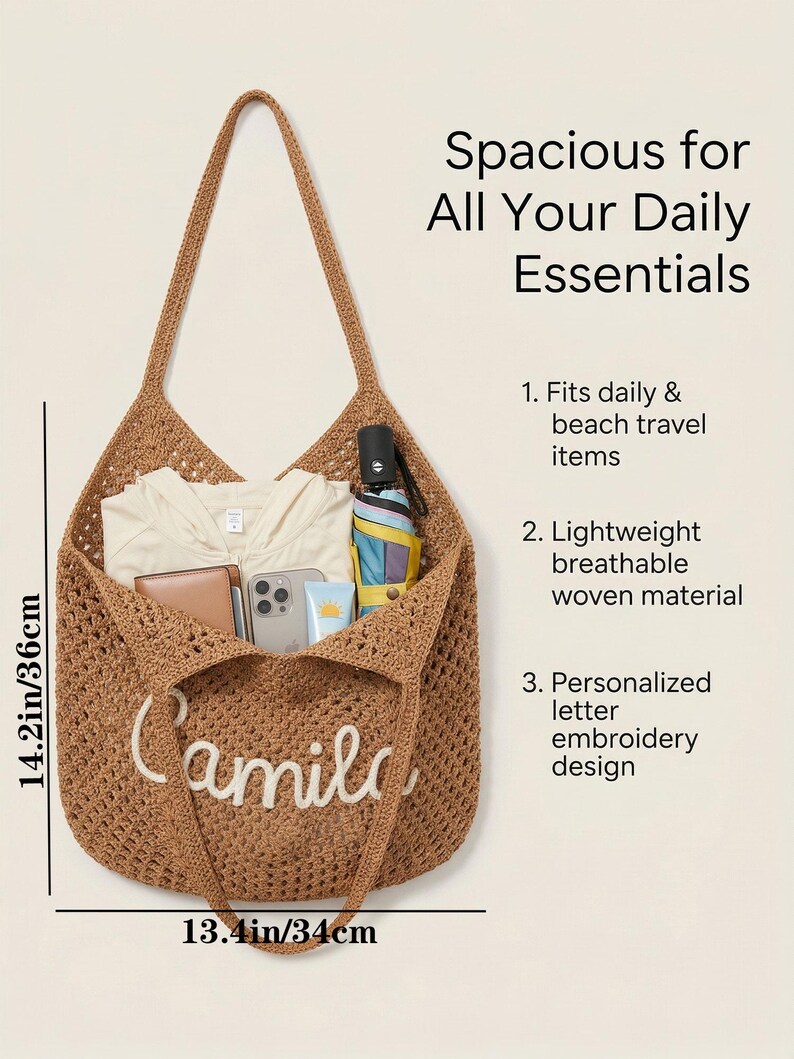 May include: A brown woven tote bag with the embroidered name Camila on the front. The bag measures 14.2 inches by 13.4 inches and contains a light-colored garment, a smartphone, a wallet, and a folded umbrella. Text reads Spacious for All Your Daily Essentials.