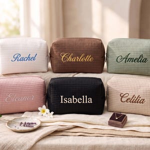 Personalized Waffle Makeup Bag,Custom Embroidered Cosmetic Bag,Initial Toiletry Pouch,Bridesmaid Gift,Travel Organizer,Birthday Gift for Her