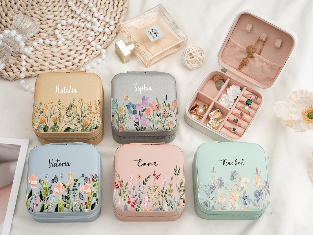 Personalized Travel Jewelry Box, Floral PU Leather Mini Organizer Case, Custom Name Brides