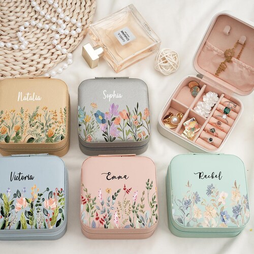 Caja de joyería de viaje personalizada, mini estuche organizador de cuero sintético con estampado floral, regalo personalizado para damas de honor, regalo de cumpleaños y de Navidad para mujeres.
