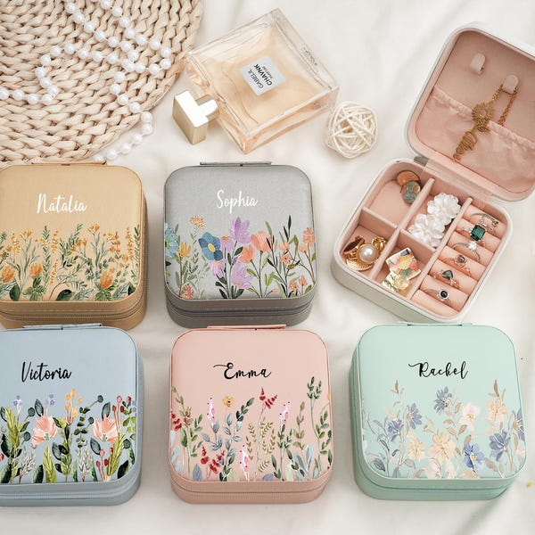 Personalisierte Reise Schmuckschatulle, Floral PU Leder Mini Organizer Case, individueller Name Brautjungfer Geschenk, Geburtstag & Feiertagsgeschenk für Frauen