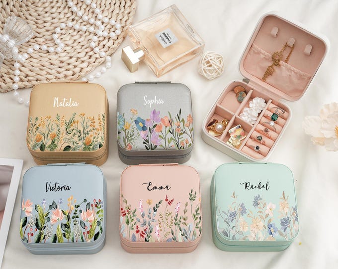 Personalized Travel Jewelry Box, Floral PU Leather Mini Organizer Case, Custom Name Bridesmaid Gift, Birthday & Holiday Gift for Women