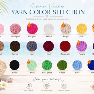 May include: A color chart displaying twenty-one circular yarn skeins in various shades including pink, hot pink, white, beige, gold, yellow, khaki, brown, gray, red, burgundy, purple, dark purple, black, aqua, leaf green, green, blue, and navy.