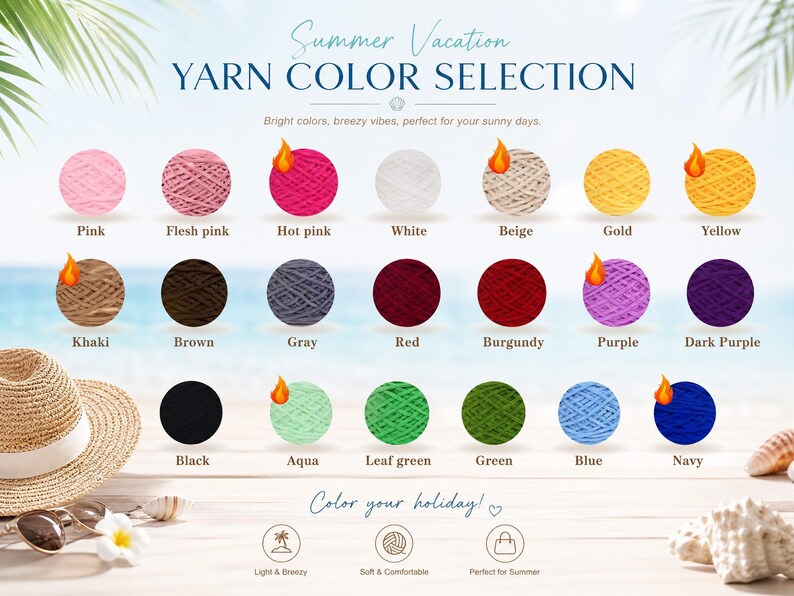 May include: A color chart displaying twenty-one circular yarn skeins in various shades including pink, hot pink, white, beige, gold, yellow, khaki, brown, gray, red, burgundy, purple, dark purple, black, aqua, leaf green, green, blue, and navy.