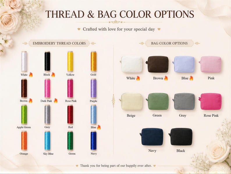 May include: A color chart titled THREAD & BAG COLOR OPTIONS displaying sixteen spools of embroidery thread in various colors and eleven rectangular zippered pouches in different fabric colors, each labeled with its corresponding color name.