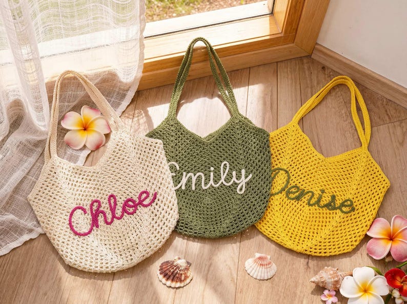Personalized beach tote bags,Crochet beach bags,Bridesmaid gift bags,Travel Beach Bag,Wedding favor gift,Bachelorette Trip Gift for Her image 14